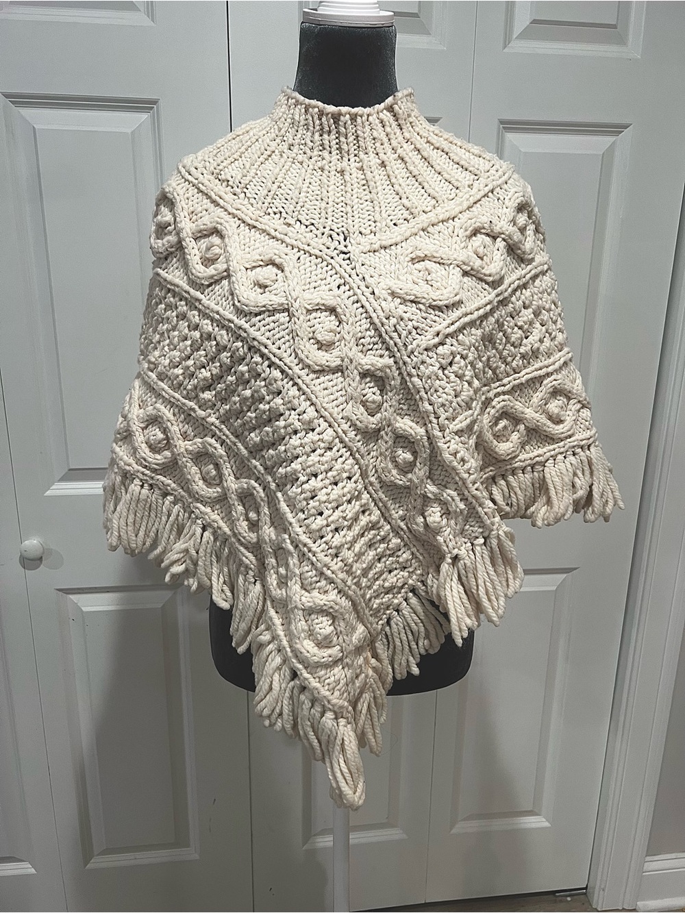 Chunky Knit Fringe Cape/ Poncho in Cream